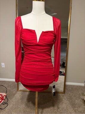 Jump Red Long-Sleeve Ruched Mini Dress